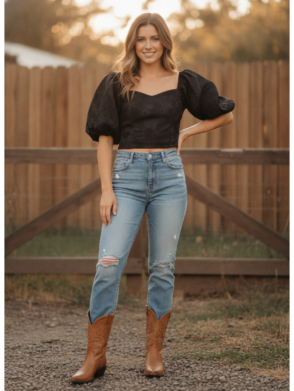 1570 - Mustard Seed Black Puff Sleeve Jacquard Crop Top - Medium